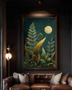 Moon Fern Wall Art Print, Teal Botanical Night Painting, Gold Celestial Nature Decor