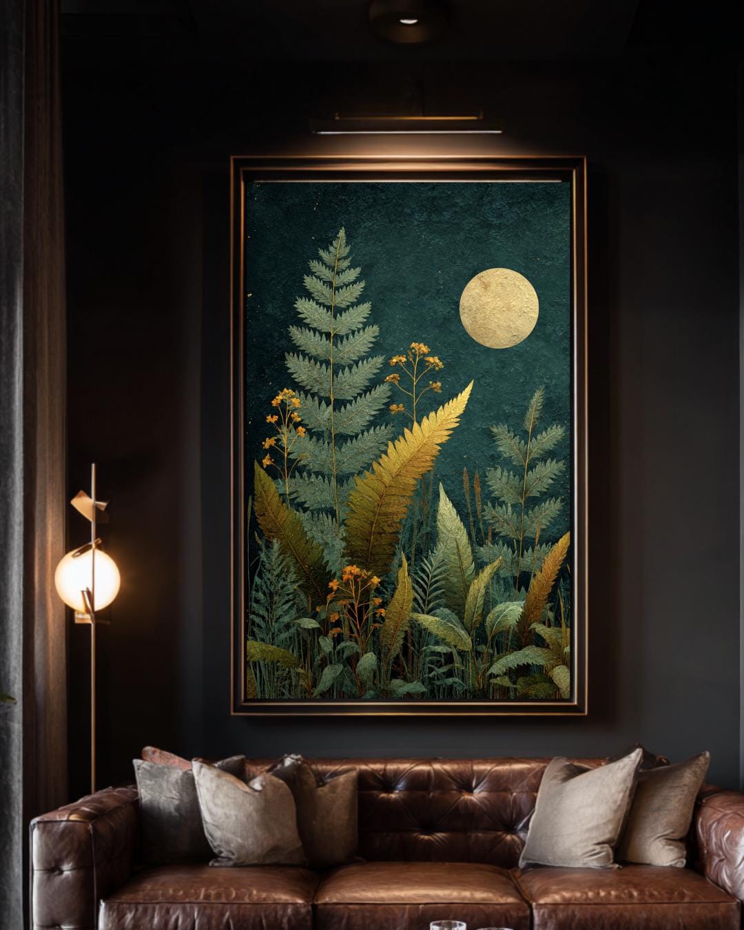 Moon Fern Wall Art Print, Teal Botanical Night Painting, Gold Celestial Nature Decor