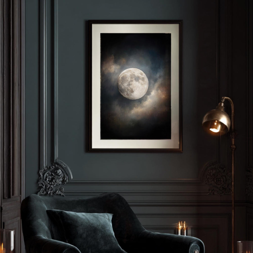 Moody Full Moon Wall Art Print, Dark Atmospheric Night Sky, Celestial Clouds Mystical Painting