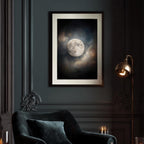 Moody Full Moon Wall Art Print, Dark Atmospheric Night Sky, Celestial Clouds Mystical Painting