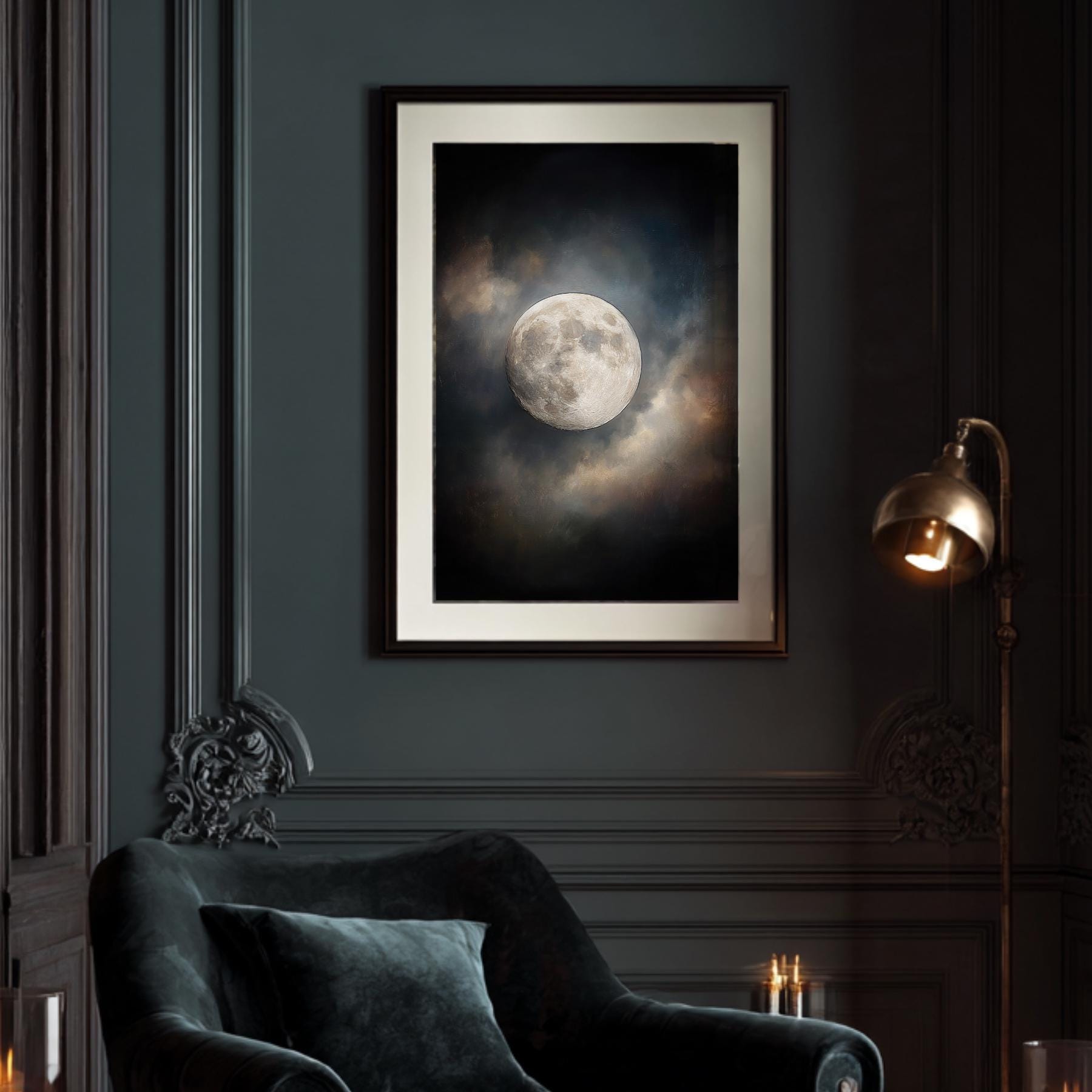 Moody Full Moon Wall Art Print, Dark Atmospheric Night Sky, Celestial Clouds Mystical Painting