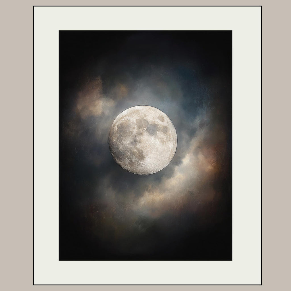 Moody Full Moon Wall Art Print, Dark Atmospheric Night Sky, Celestial Clouds Mystical Painting