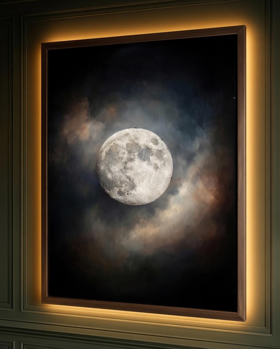 Moody Full Moon Wall Art Print, Dark Atmospheric Night Sky, Celestial Clouds Mystical Painting