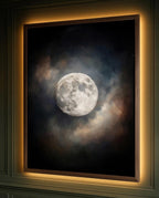 Moody Full Moon Wall Art Print, Dark Atmospheric Night Sky, Celestial Clouds Mystical Painting