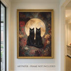 Twin Black Cats Moon Wall Art, Gothic Cat Print Dark Academia Witchy Celestial Decor