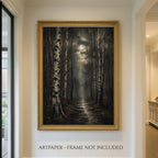 Birch Tree Wall Art Print, Misty Forest Painting, Moonlit Woodland Artwork