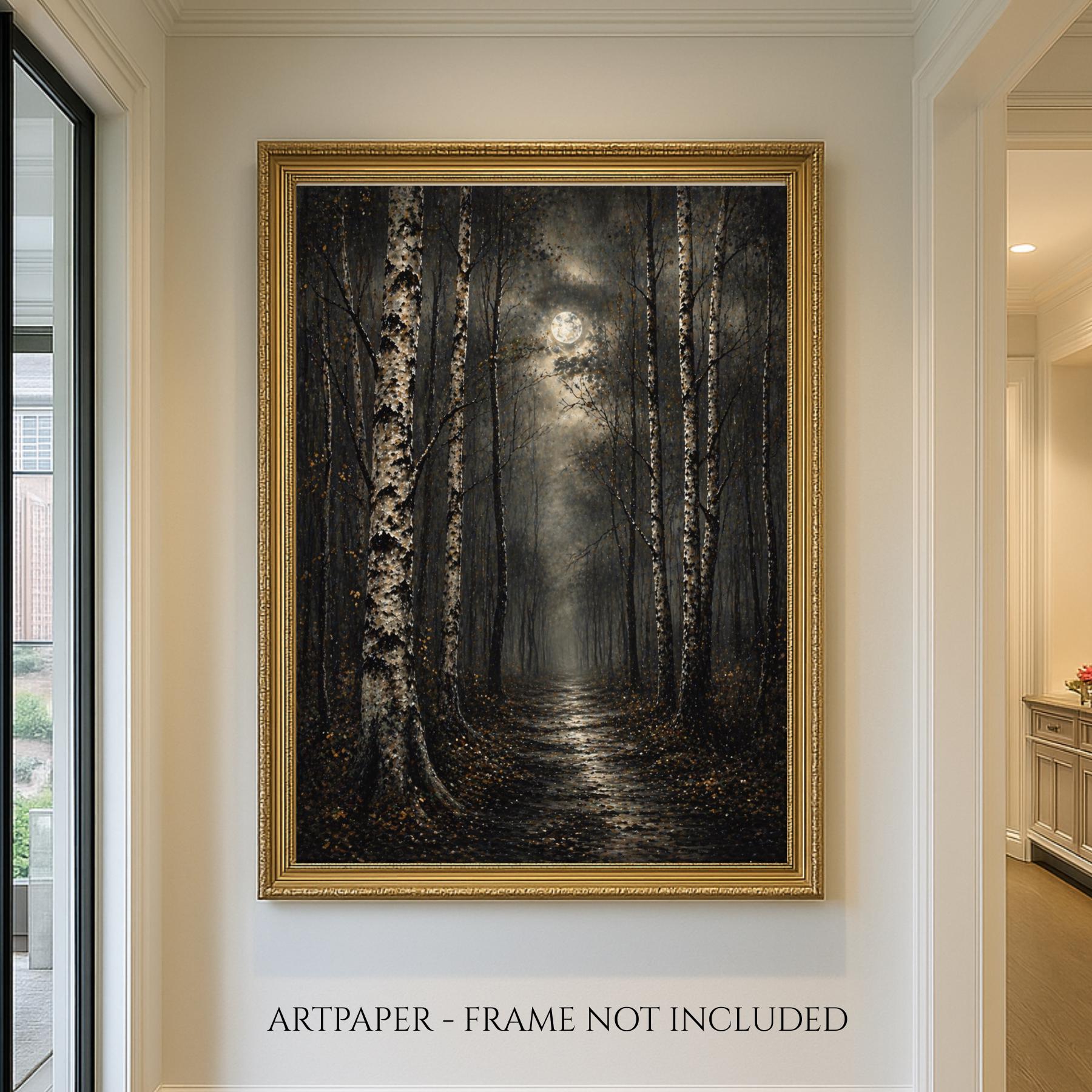 Birch Tree Wall Art Print, Misty Forest Painting, Moonlit Woodland Artwork