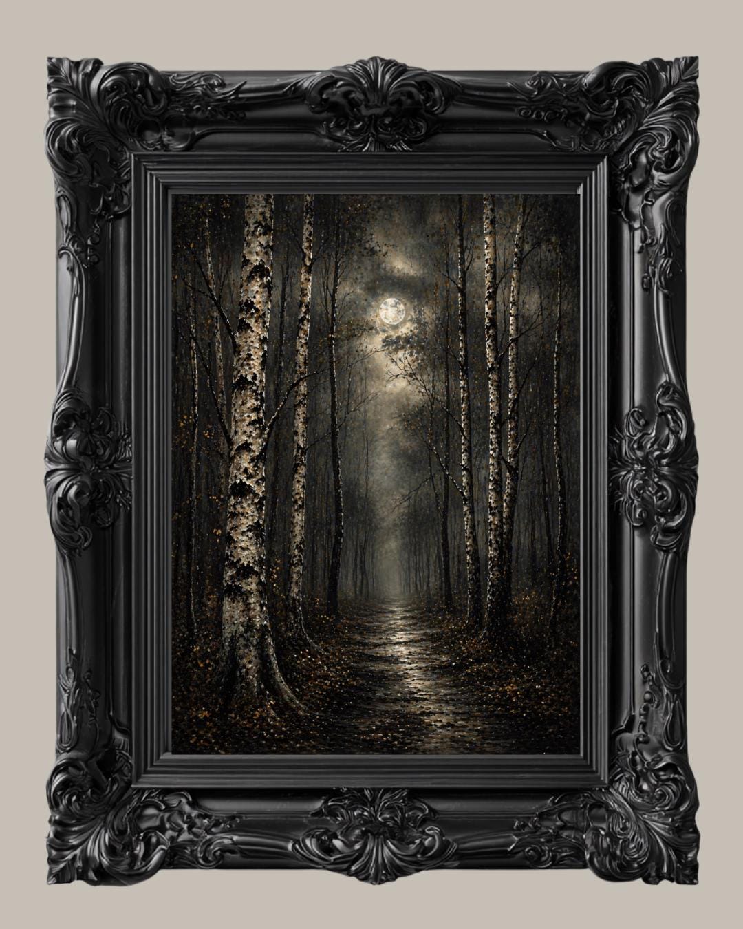 Birch Tree Wall Art Print, Misty Forest Painting, Moonlit Woodland Artwork