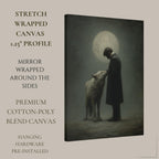 Moonlit Man and Wolf Wall Art Print, Mystical Nightime Direwolf Guardian Painting