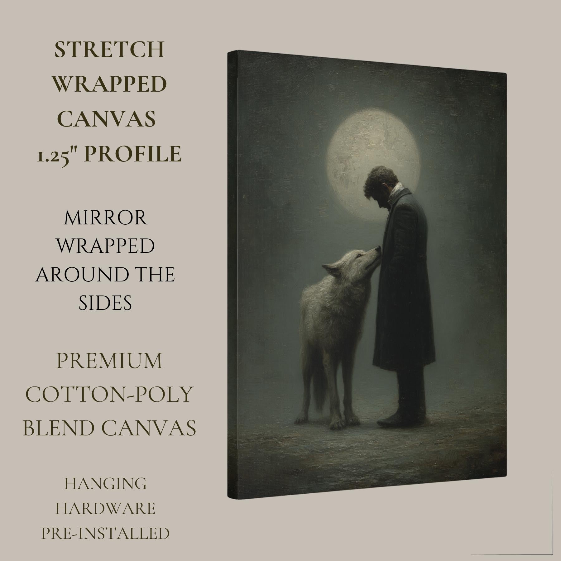 Moonlit Man and Wolf Wall Art Print, Mystical Nightime Direwolf Guardian Painting
