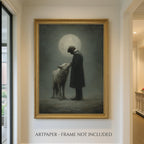 Moonlit Man and Wolf Wall Art Print, Mystical Nightime Direwolf Guardian Painting