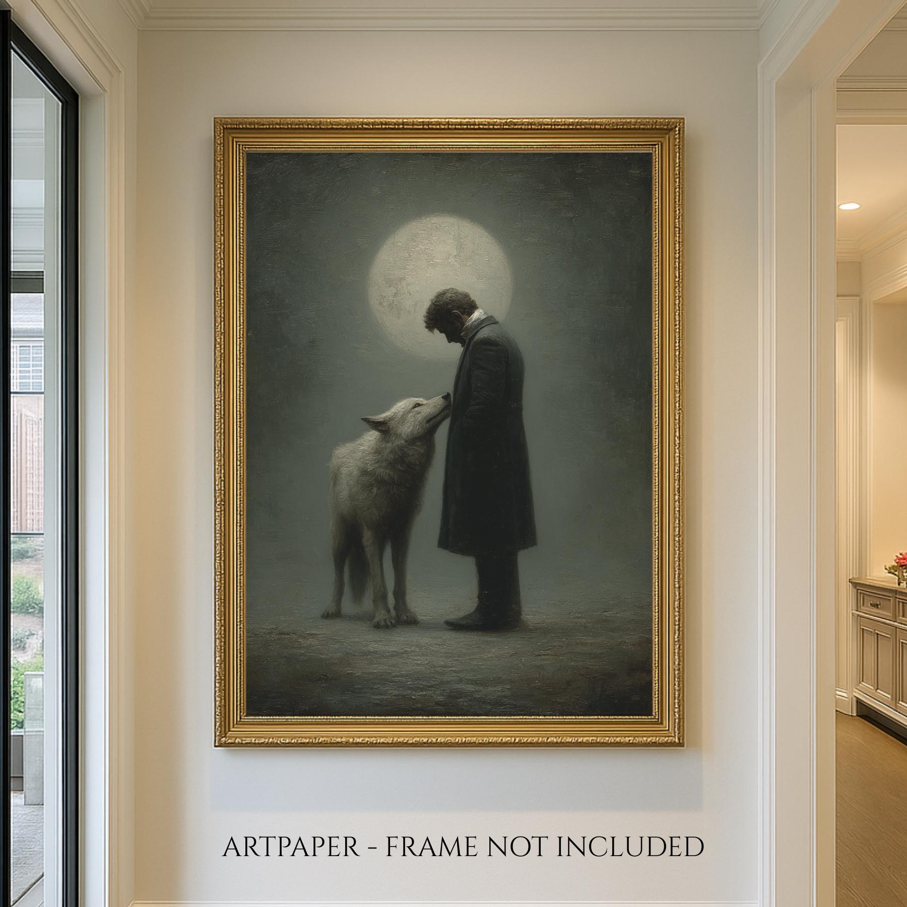 Moonlit Man and Wolf Wall Art Print, Mystical Nightime Direwolf Guardian Painting