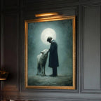 Moonlit Man and Wolf Wall Art Print, Mystical Nightime Direwolf Guardian Painting