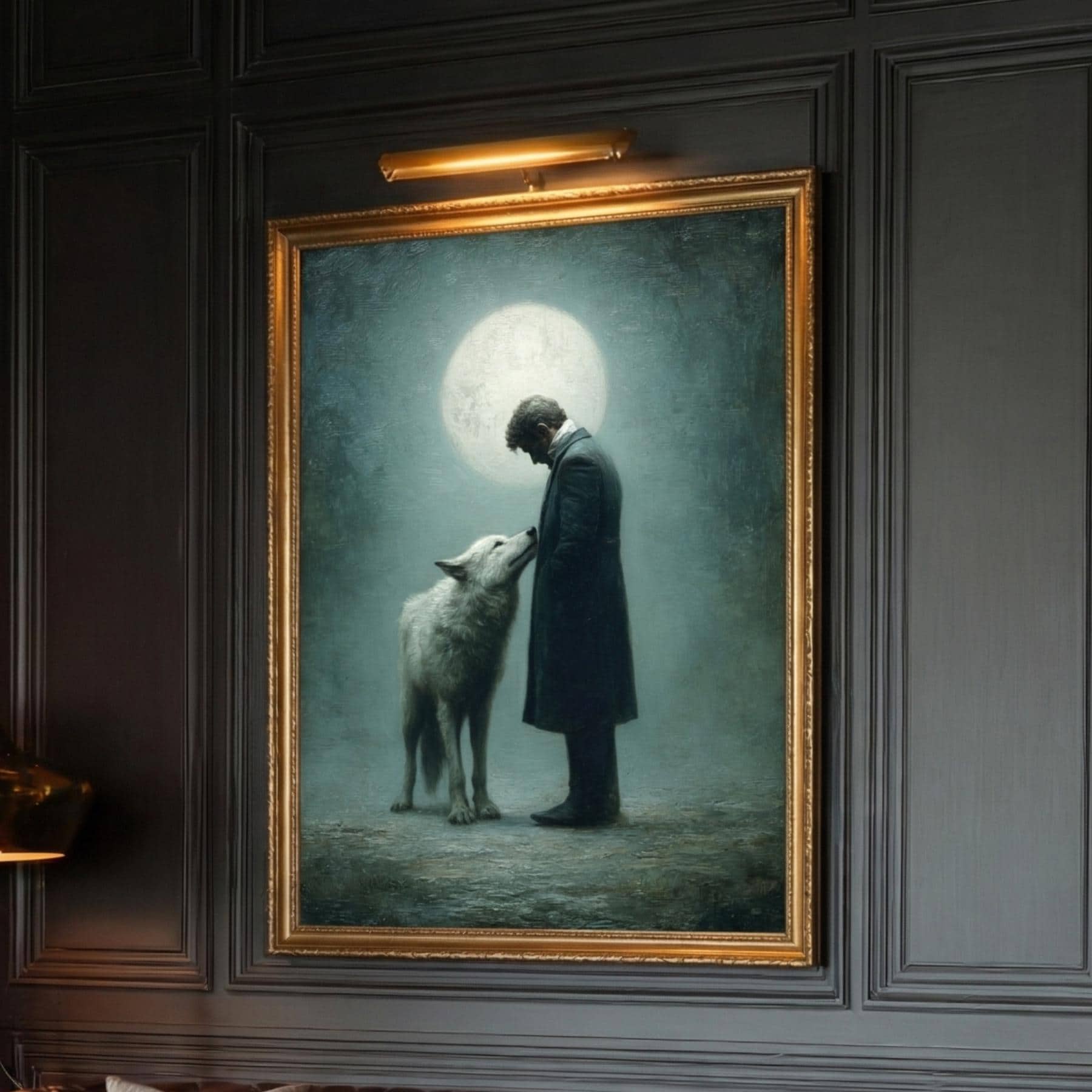 Moonlit Man and Wolf Wall Art Print, Mystical Nightime Direwolf Guardian Painting