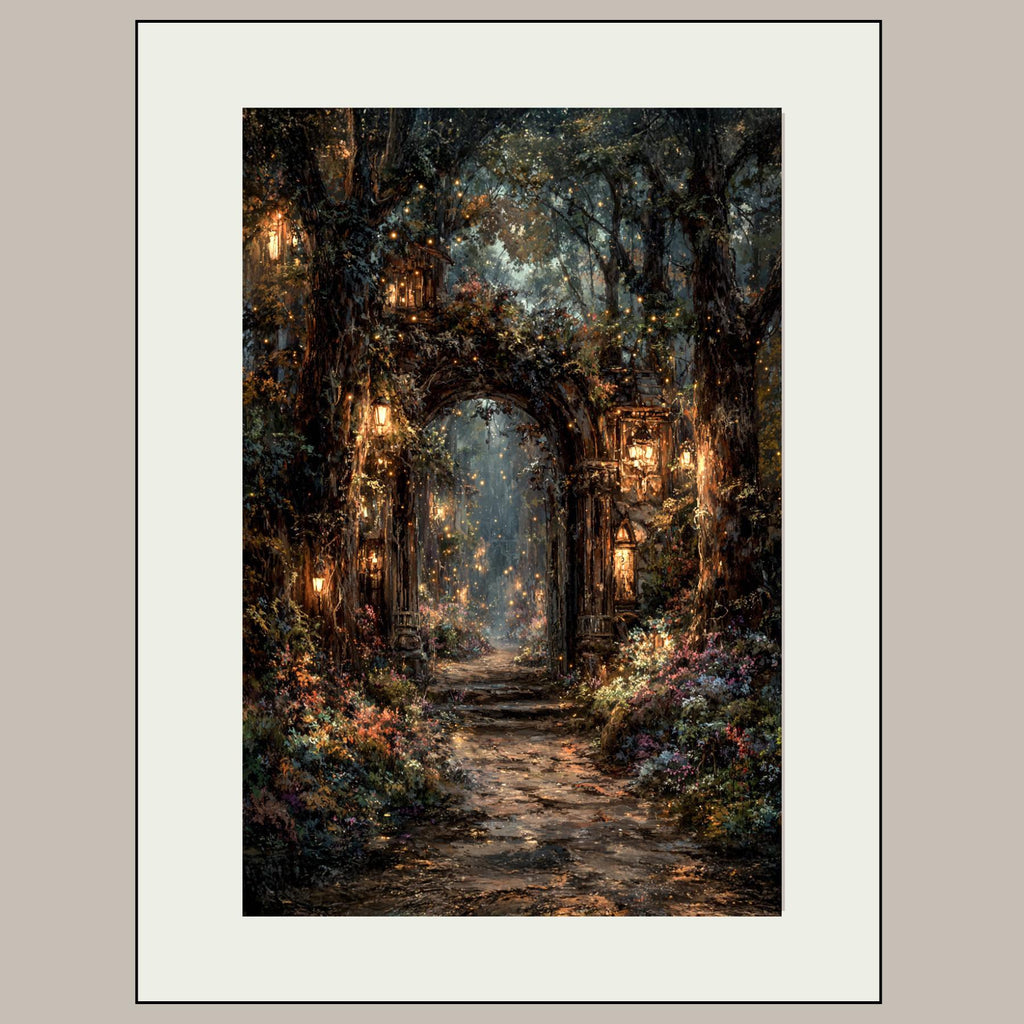 Enchanted Fairy Portal Forest Print, Mystical Lanterns Woodland Painting, Vintage Fantasy Firefly Wall Art