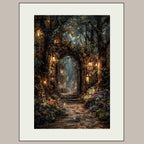 Enchanted Fairy Portal Forest Print, Mystical Lanterns Woodland Painting, Vintage Fantasy Firefly Wall Art