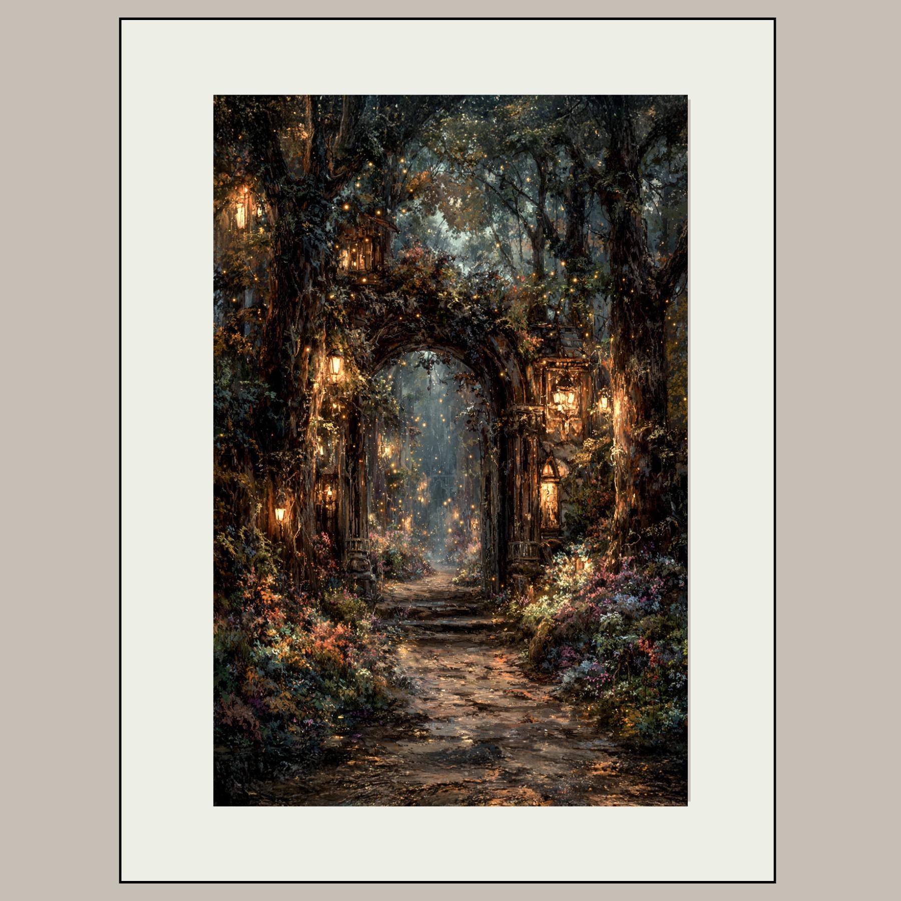 Enchanted Fairy Portal Forest Print, Mystical Lanterns Woodland Painting, Vintage Fantasy Firefly Wall Art