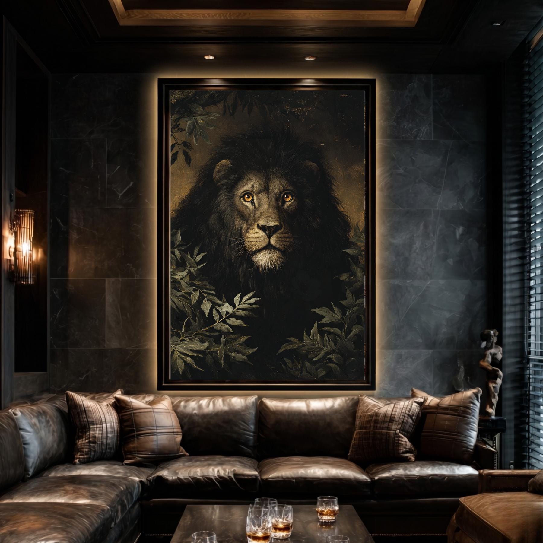 Black Lion Jungle Wall Art Print, Moody Wildlife Portrait, Masculine Dark Academia Decor Artwork