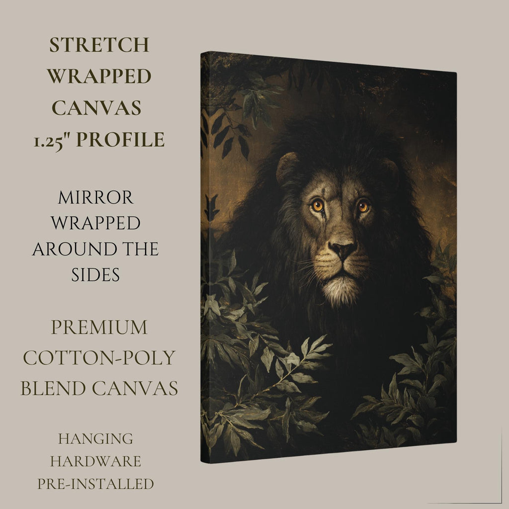 Black Lion Jungle Wall Art Print, Moody Wildlife Portrait, Masculine Dark Academia Decor Artwork