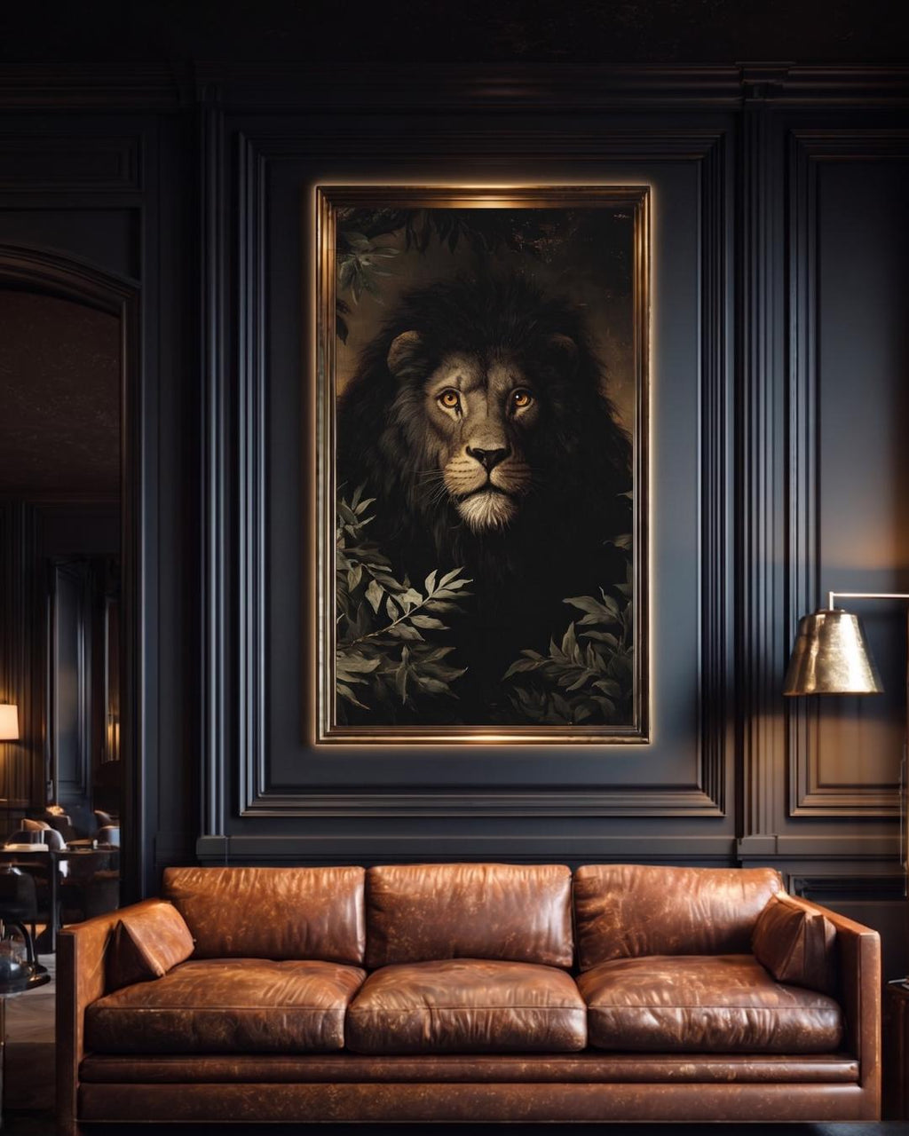 Black Lion Jungle Wall Art Print, Moody Wildlife Portrait, Masculine Dark Academia Decor Artwork