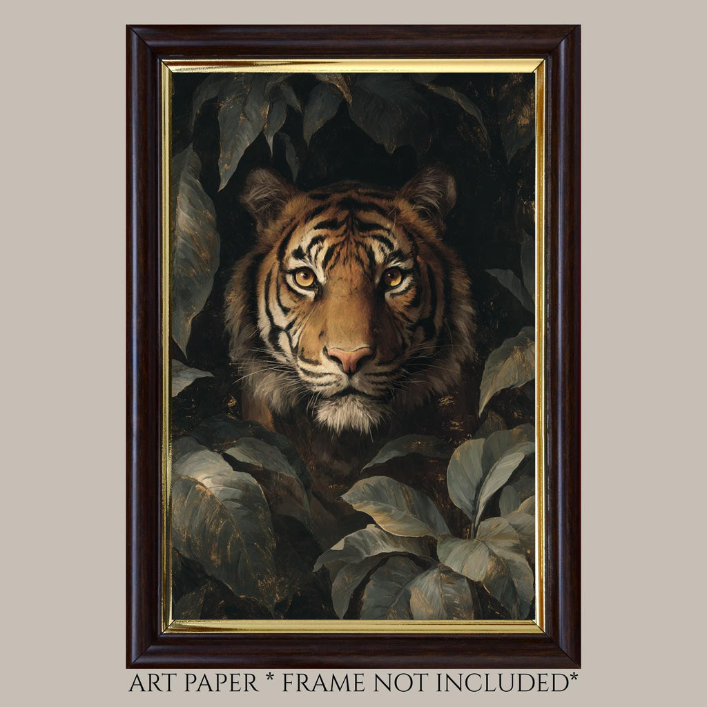 Tiger Wall Art Print, Moody Jungle Wildlife Portrait, Masculine Dark Academia Decor Artwork