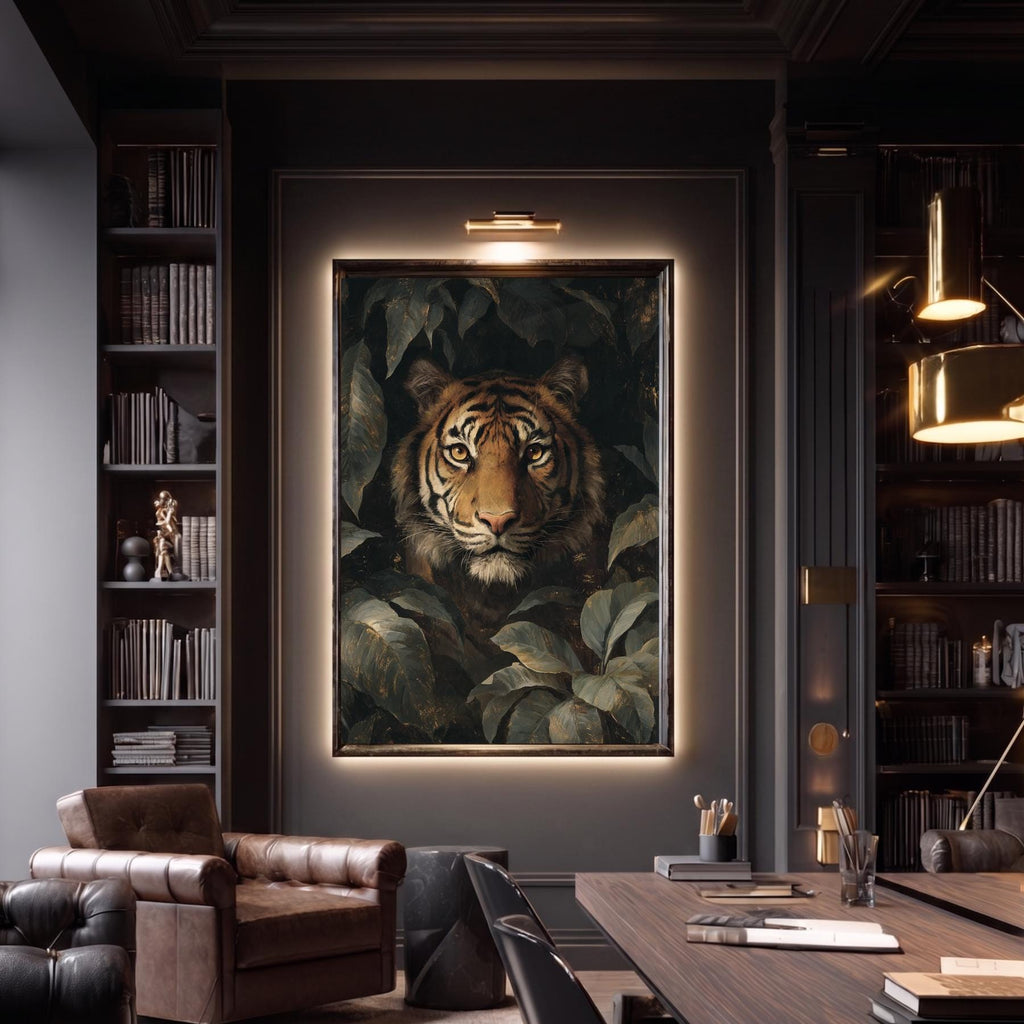 Tiger Wall Art Print, Moody Jungle Wildlife Portrait, Masculine Dark Academia Decor Artwork