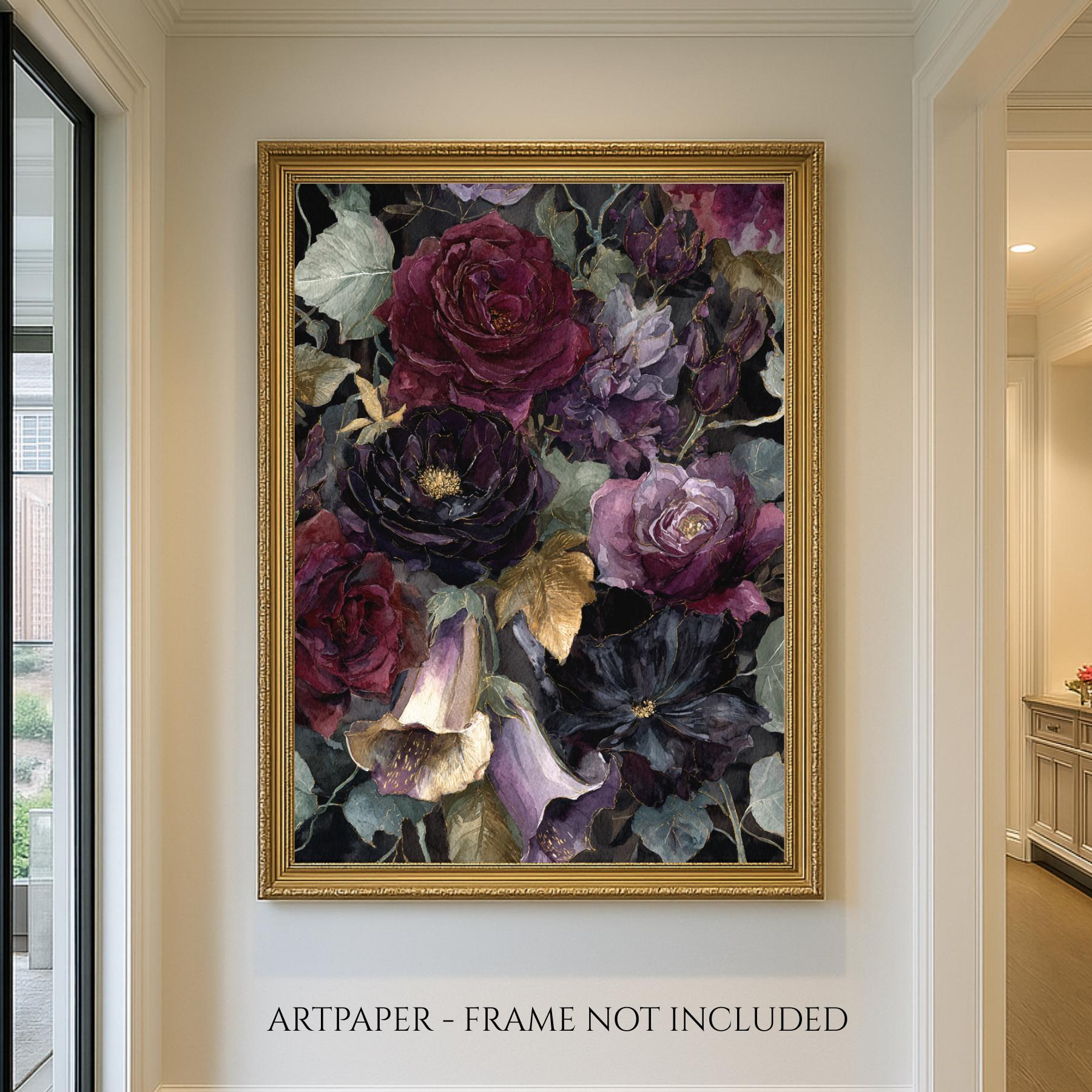 Dark Floral Wall Art Print, Moody Roses and Lilies Painting, Gothic Flower Decor Secondary image