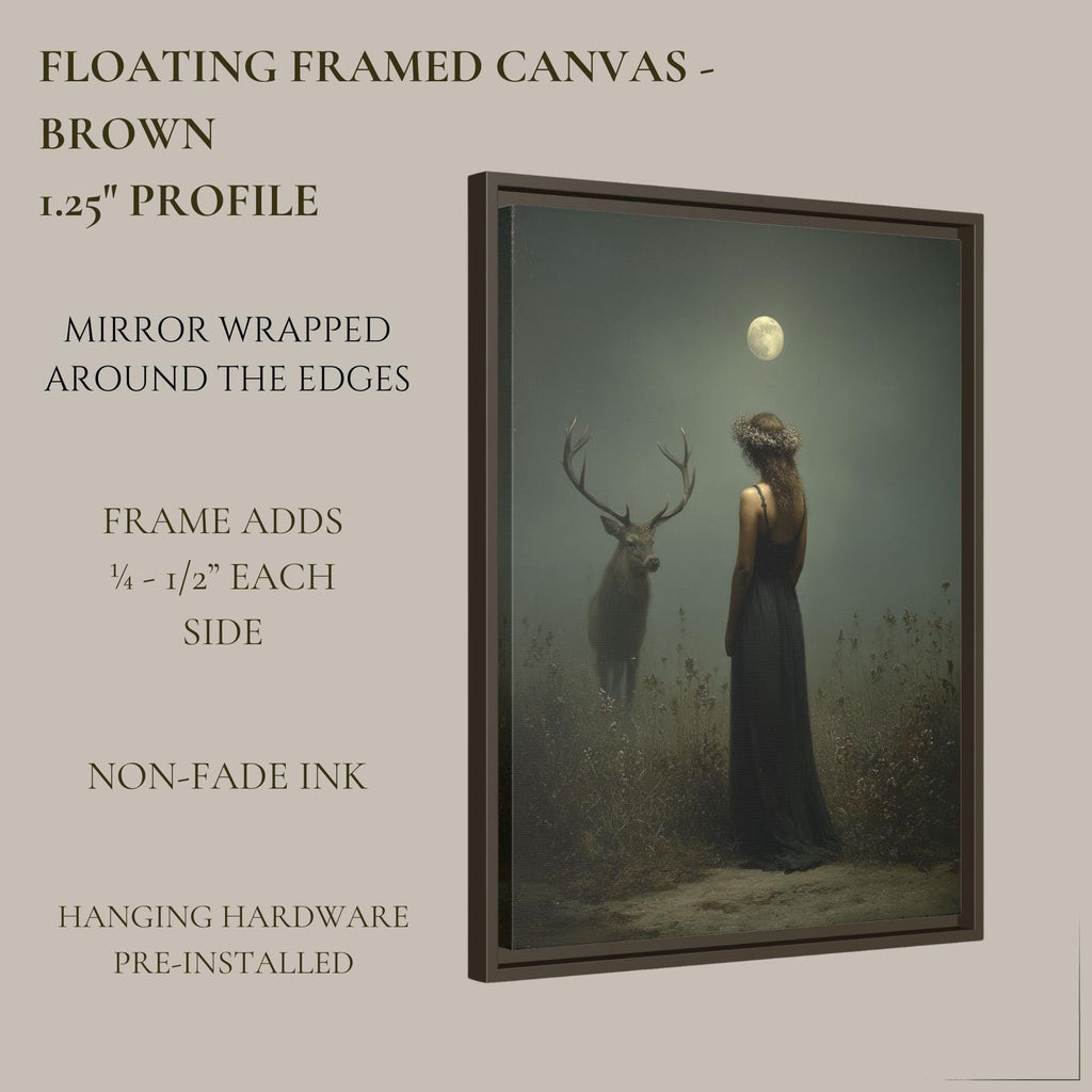 Moonlit Stag and Woman Wall Art Print, Mystical Moon Goddess Deer Artwork