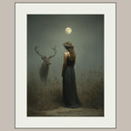 Moonlit Stag and Woman Wall Art Print, Mystical Moon Goddess Deer Artwork