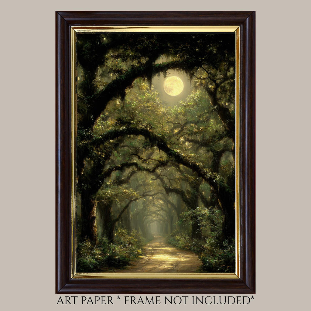 Moonlit Oak Tree Forest Wall Art Print, Woodland Path, Moody Dark Academia Artwork