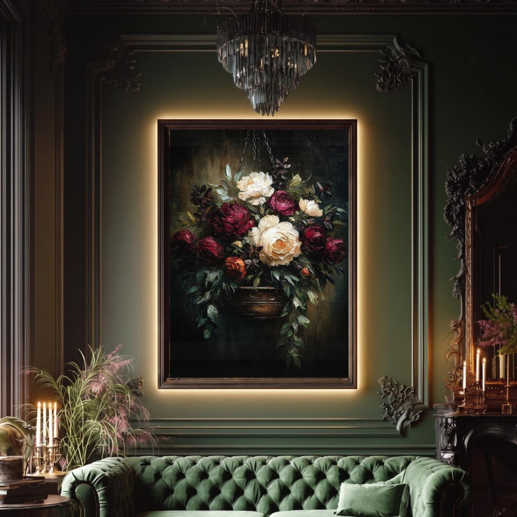 Dark Floral Wall Art Print, Moody Roses Camellias, Gothic Botanical Decor Artwork