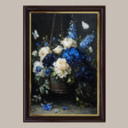 Blue and Cream Floral Hanging Basket Wall Art Print, Peonies Butterflies, Elegant Botanical Artwork