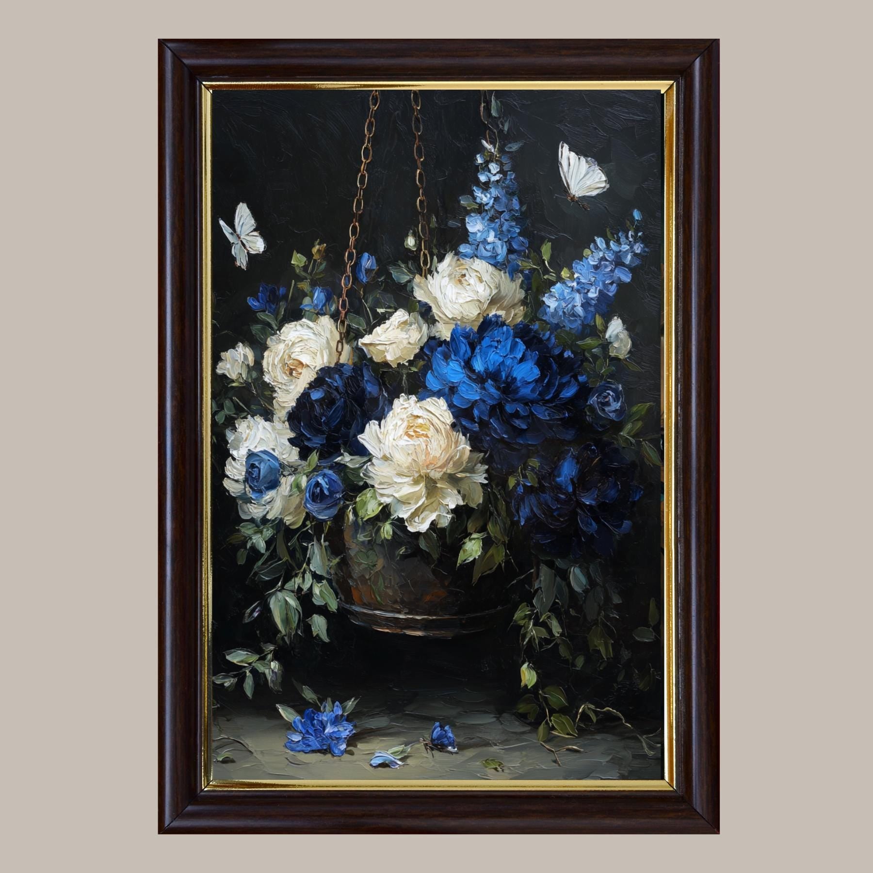 Blue and Cream Floral Hanging Basket Wall Art Print, Peonies Butterflies, Elegant Botanical Artwork
