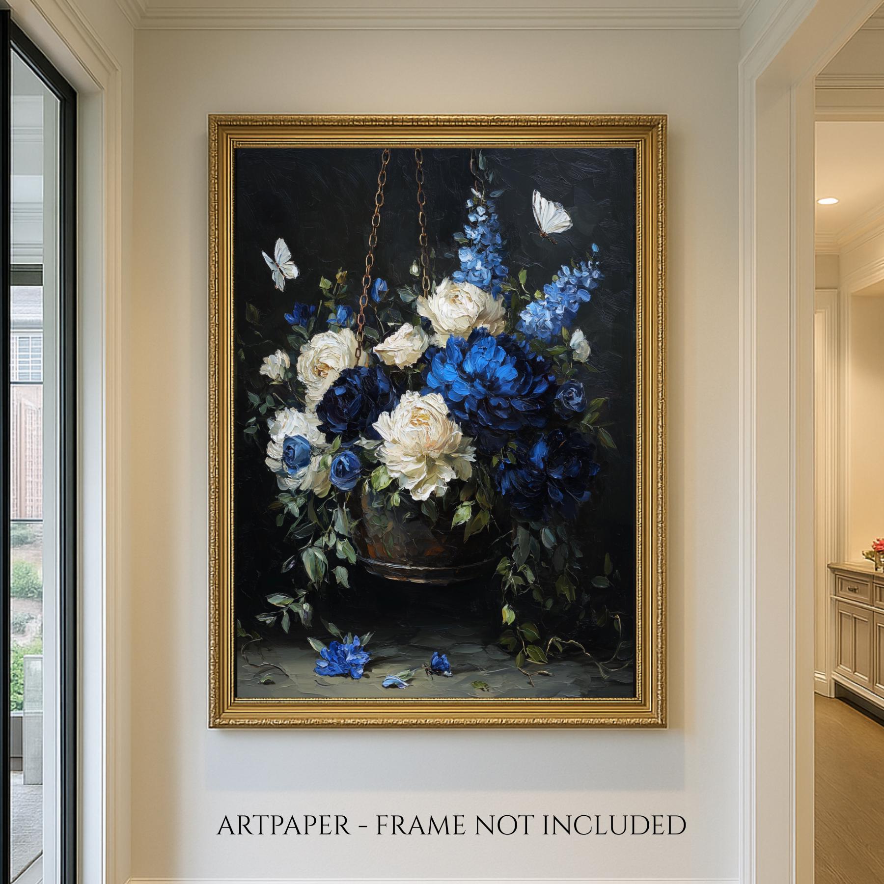 Blue and Cream Floral Hanging Basket Wall Art Print, Peonies Butterflies, Elegant Botanical Artwork Secondary image