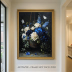 Blue and Cream Floral Hanging Basket Wall Art Print, Peonies Butterflies, Elegant Botanical Artwork