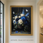 Blue and Cream Floral Hanging Basket Wall Art Print, Peonies Butterflies, Elegant Botanical Artwork