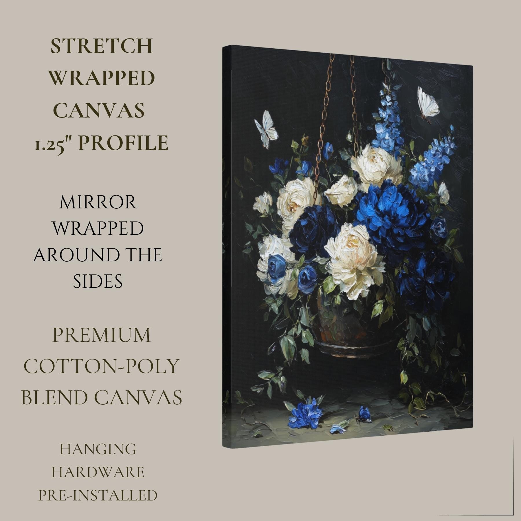 Blue and Cream Floral Hanging Basket Wall Art Print, Peonies Butterflies, Elegant Botanical Artwork