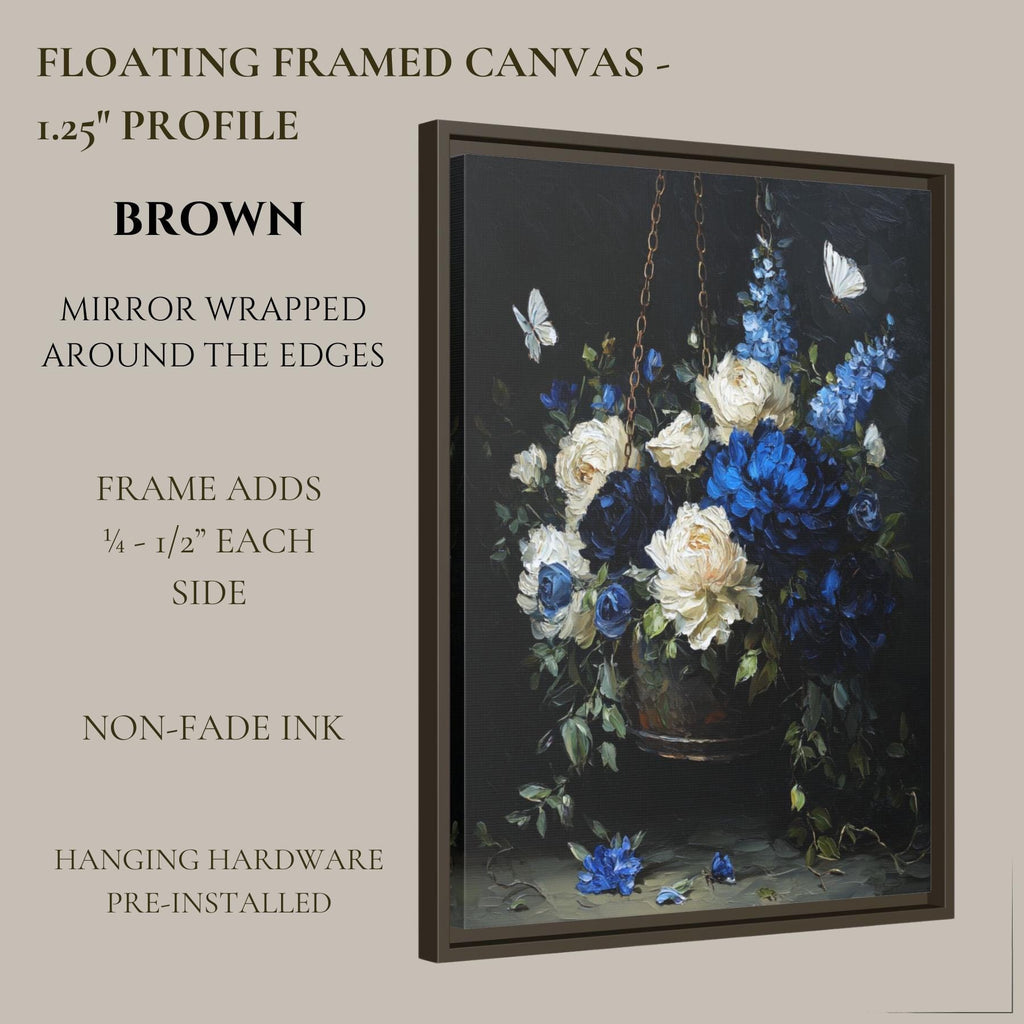 Blue and Cream Floral Hanging Basket Wall Art Print, Peonies Butterflies, Elegant Botanical Artwork
