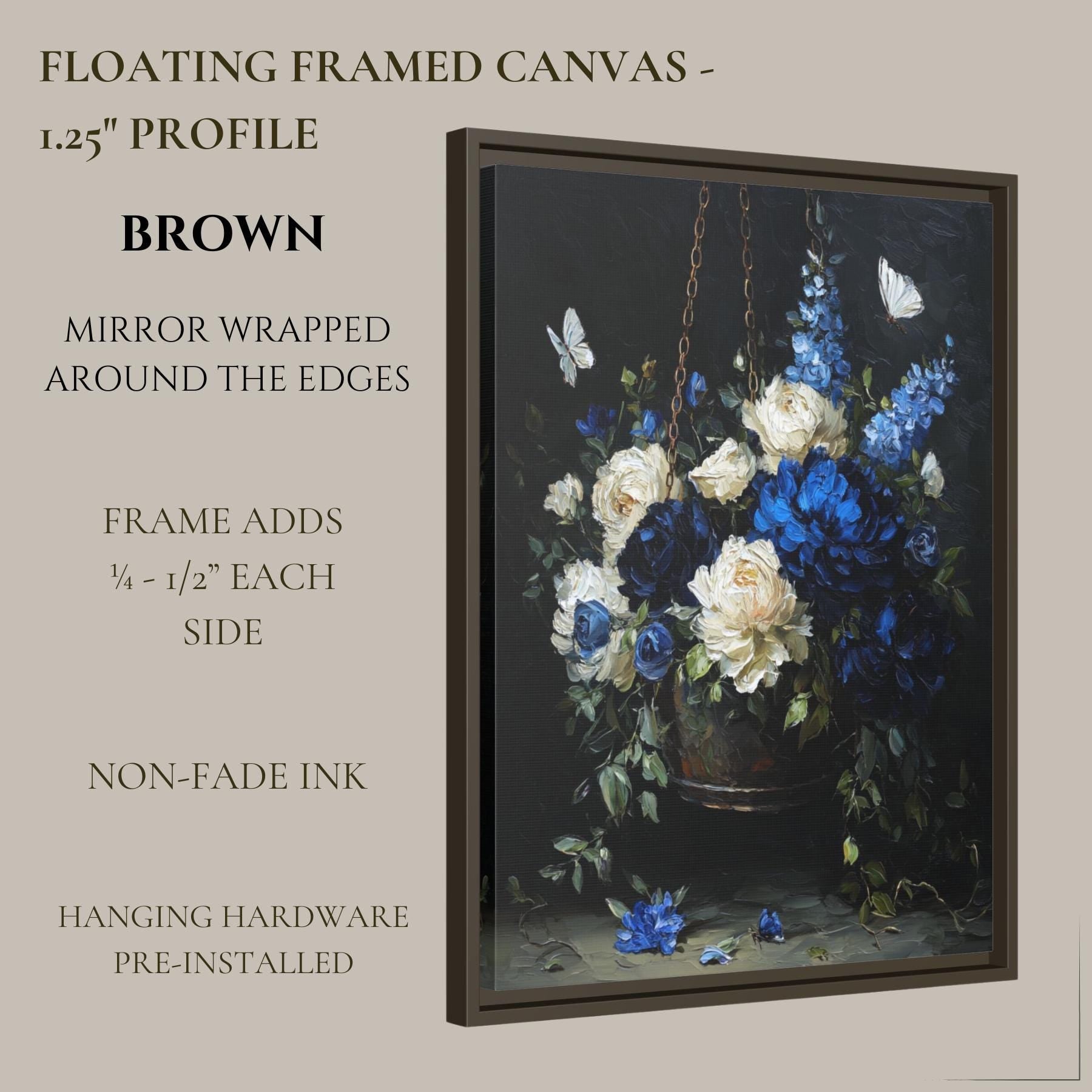 Blue and Cream Floral Hanging Basket Wall Art Print, Peonies Butterflies, Elegant Botanical Artwork