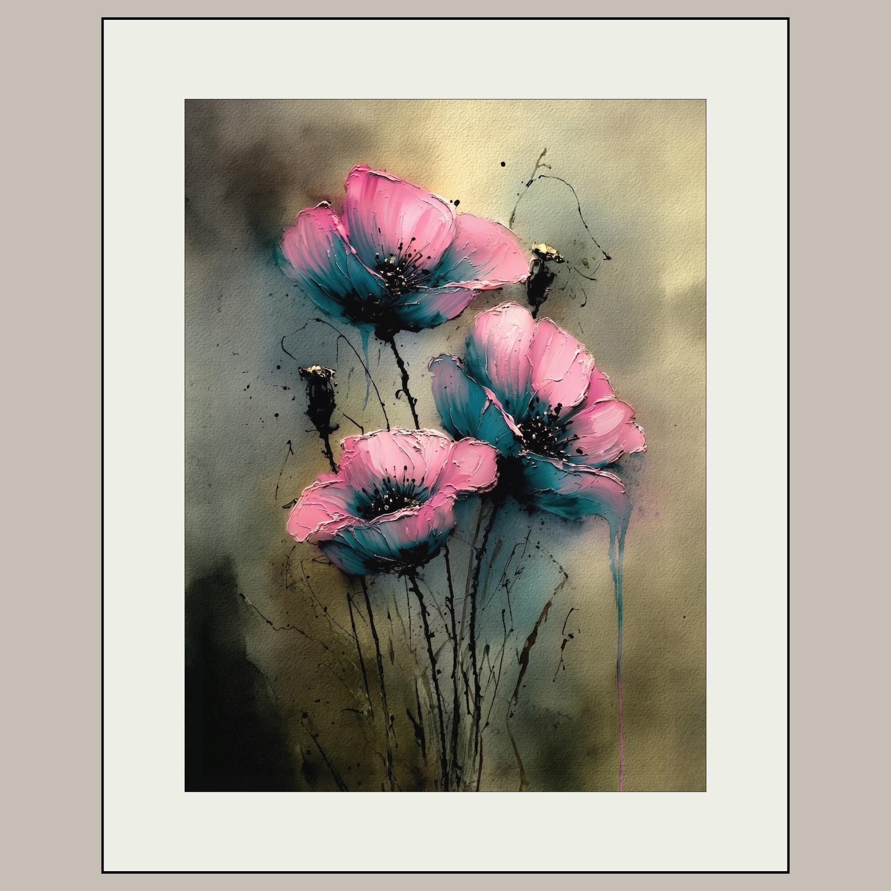 Pink Teal Floral Wall Art Print, Moody Abstract Flower Painting, Dark Romantic Botanical Decor