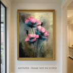 Pink Teal Floral Wall Art Print, Moody Abstract Flower Painting, Dark Romantic Botanical Decor