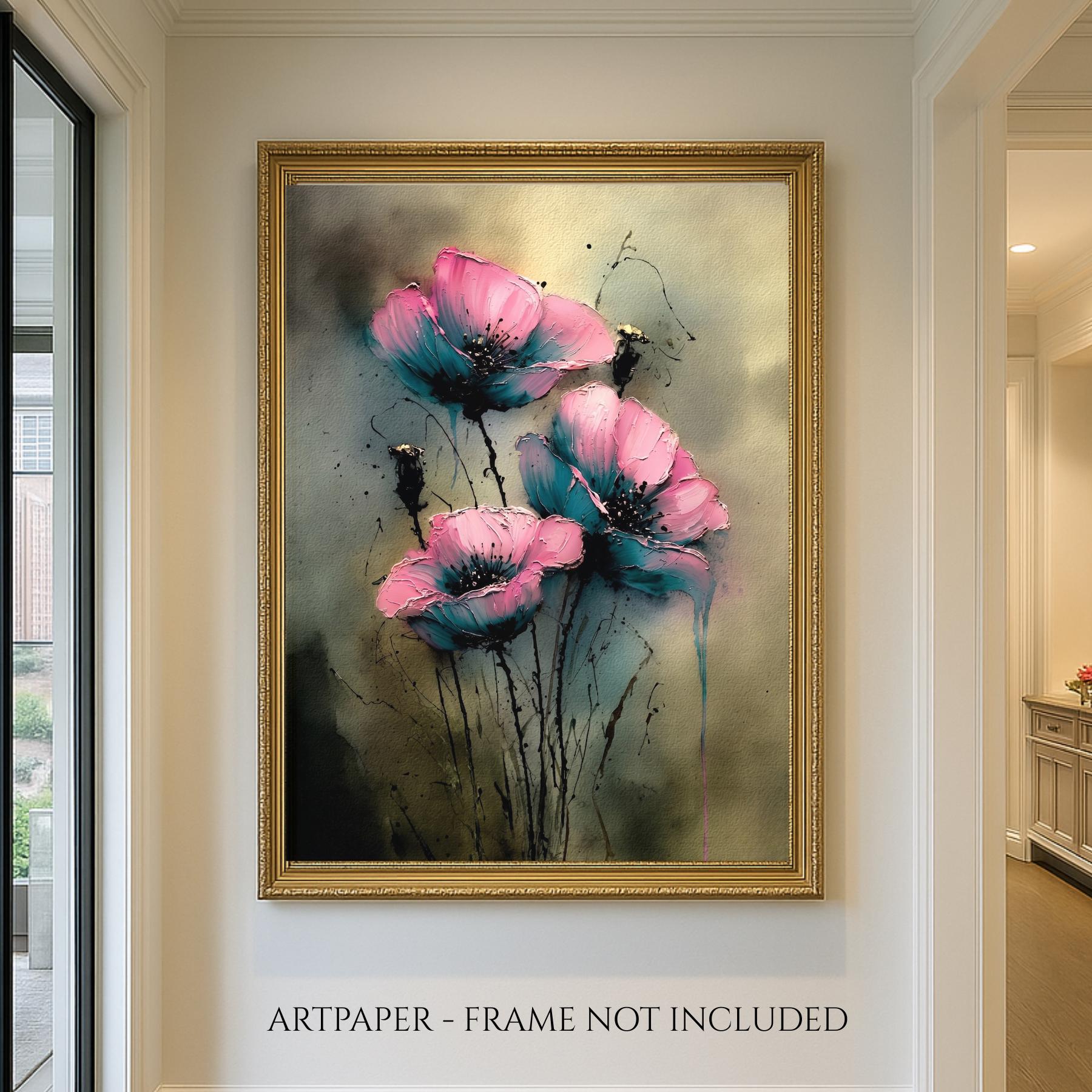 Pink Teal Floral Wall Art Print, Moody Abstract Flower Painting, Dark Romantic Botanical Decor