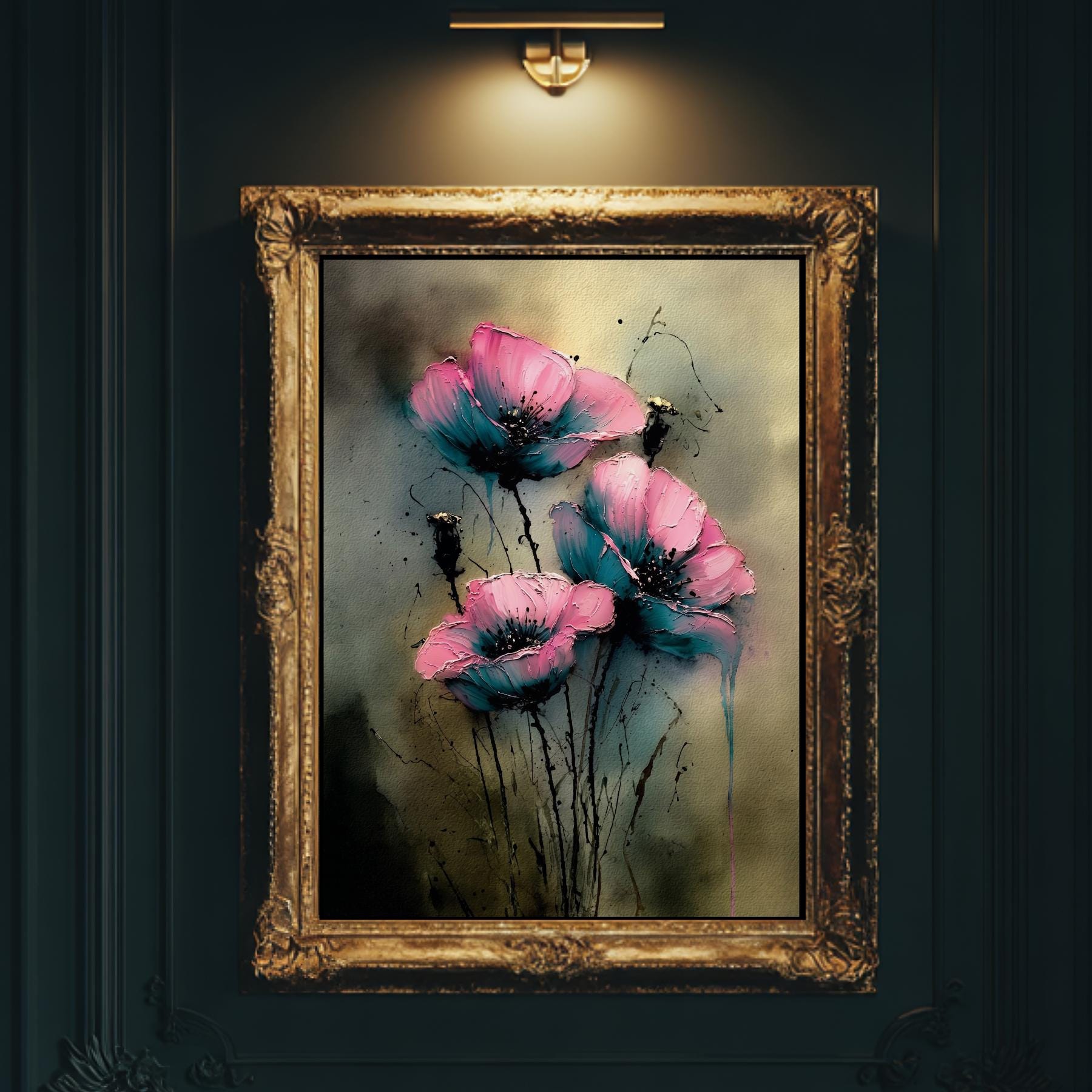 Pink Teal Floral Wall Art Print, Moody Abstract Flower Painting, Dark Romantic Botanical Decor