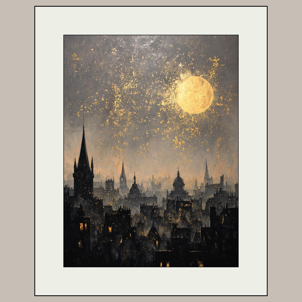 London City Skyline Wall Art Print, Golden Moon Silhouette Painting, European Night Skies Artwork