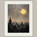 London City Skyline Wall Art Print, Golden Moon Silhouette Painting, European Night Skies Artwork