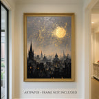 London City Skyline Wall Art Print, Golden Moon Silhouette Painting, European Night Skies Artwork