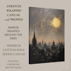 London City Skyline Wall Art Print, Golden Moon Silhouette Painting, European Night Skies Artwork