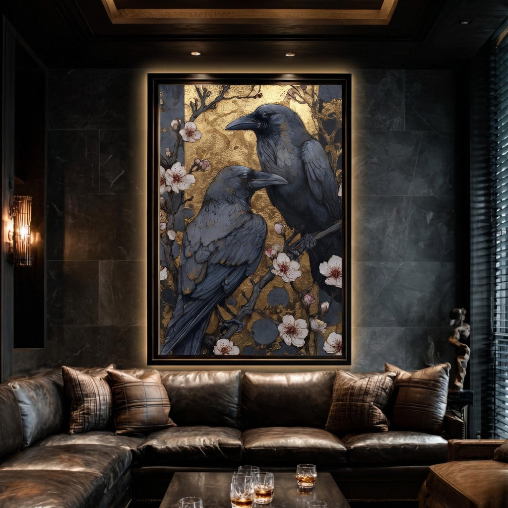 Raven Wall Art Print, Botanical Bird Decor, Dark Floral Pair of Ravens Artwork