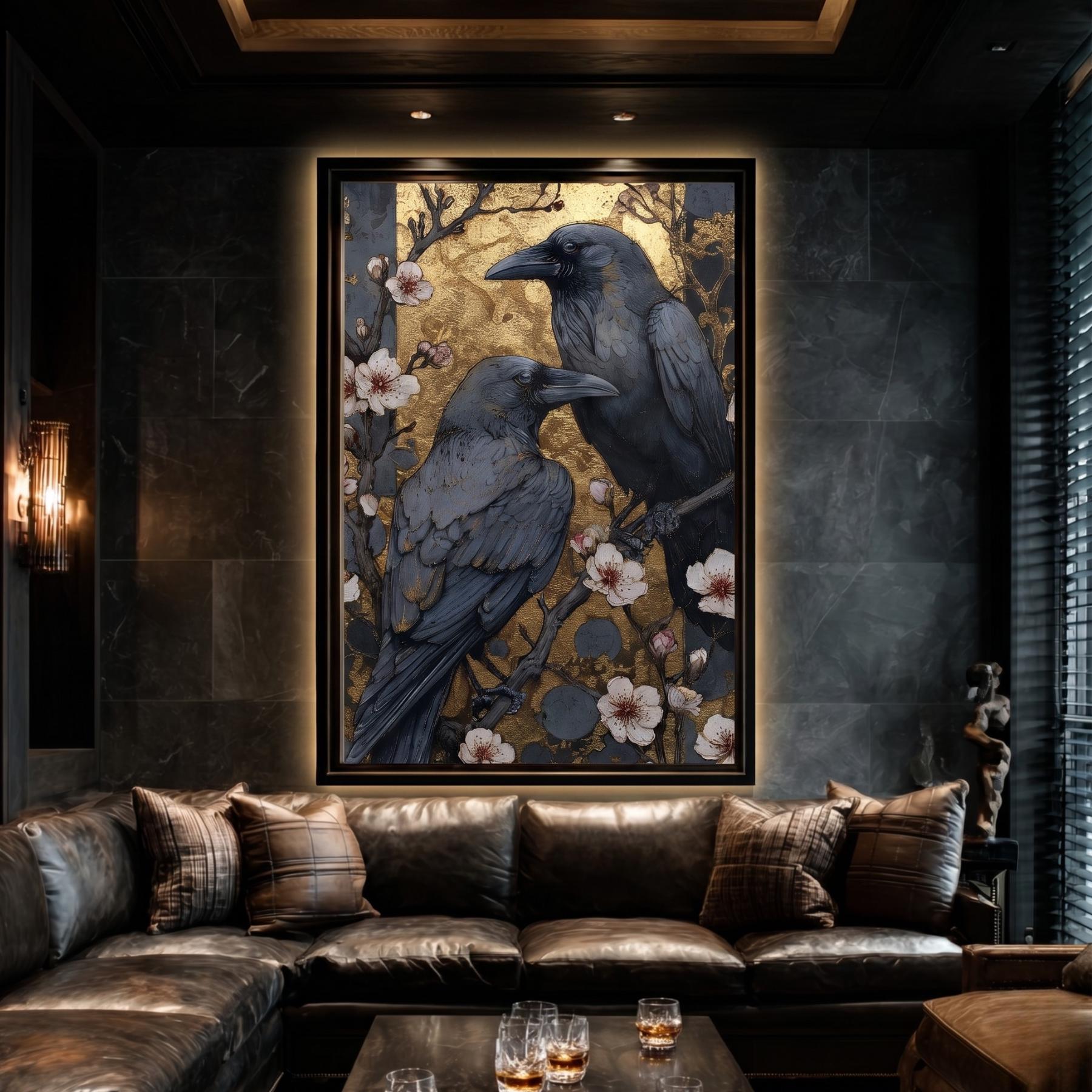 Raven Wall Art Print, Botanical Bird Decor, Dark Floral Pair of Ravens Artwork