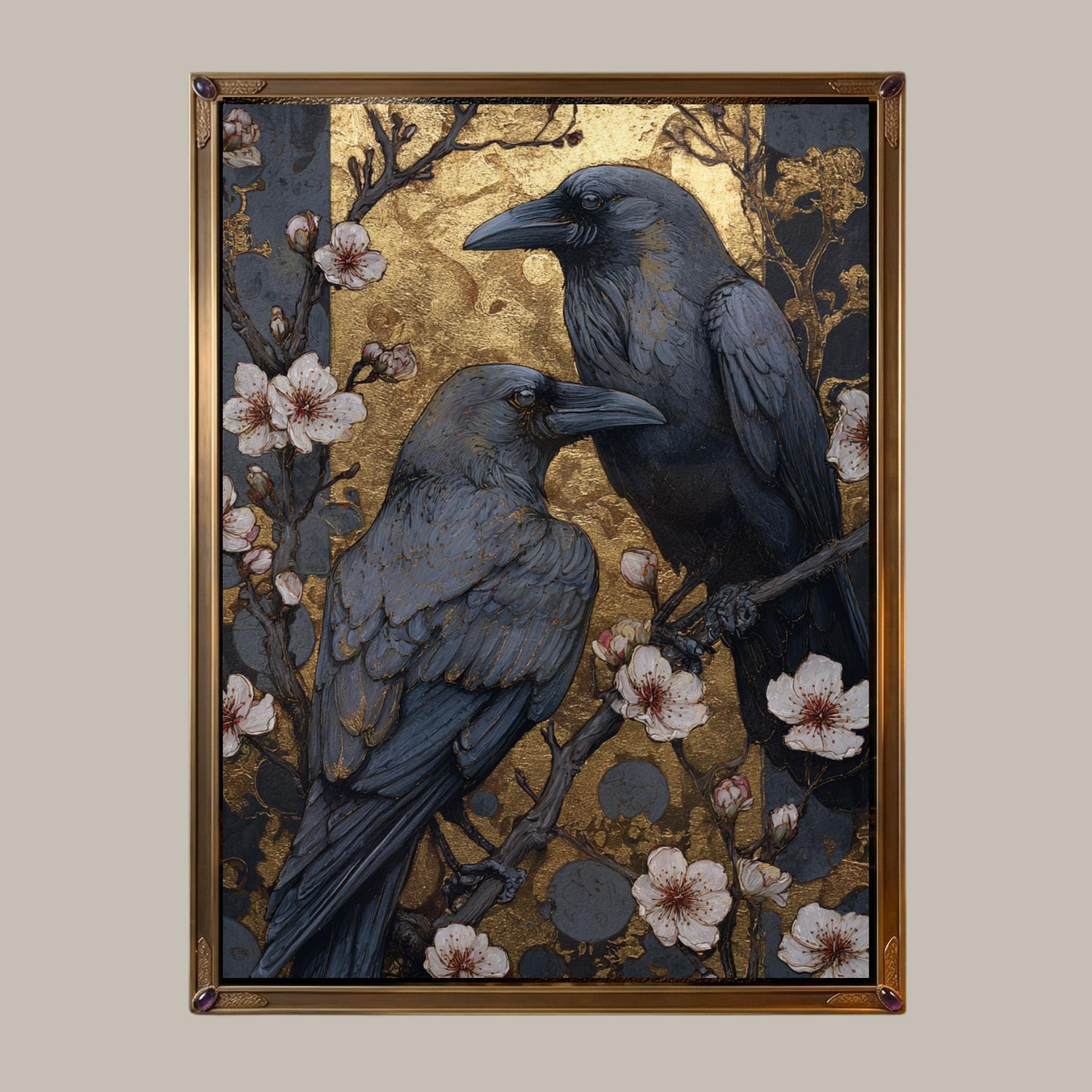 Raven Wall Art Print, Botanical Bird Decor, Dark Floral Pair of Ravens Artwork